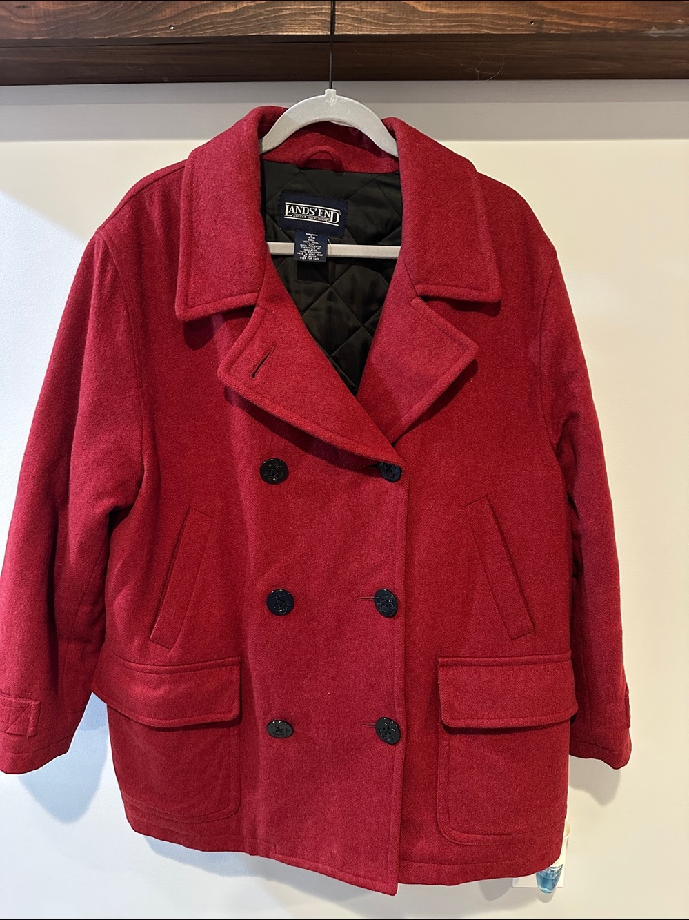 Lands' End Vibrant Red Double-Breasted Wool Peacoat